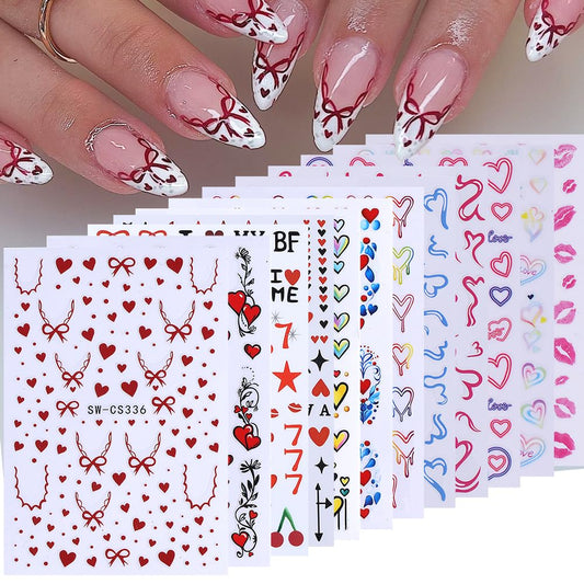 Valentines Nail Art Stickers Decals 12PCS Romantic Heart Bow Nail Decals 3D Self Adhesive Red Pink Colorful Cherry Lips Line Nail Art Design Valentine Manicure Decoration Sticker for Women