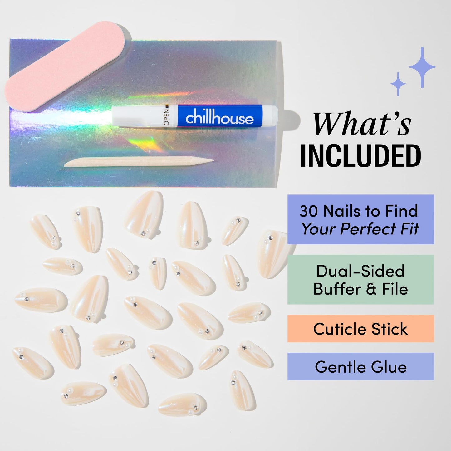 Chillhouse - Chill Tips, Press on Nails Kit - Glass Castle (Oval) - 30 Nail Shapes & Sizes - Up to 2 Weeks of Wear - Customizable Fit - Reusable - Latina Founded & Women Owned - Beauty & Self Care