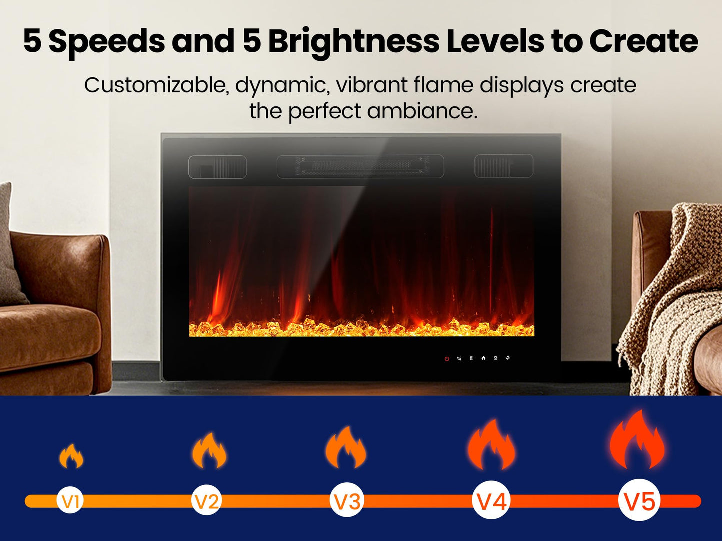 Electric Fireplace Insert 36" Realsmart 1500W Wall Mounted Fireplaces Recessed Heaters Remote Control Slim Black Fireplace Touch Screen Timer 12 Flame Colors LED Decor Low Noise