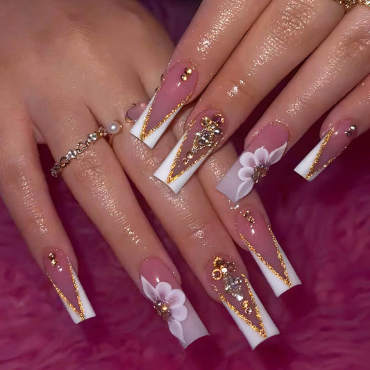 QQPPOLIU Nail Press Ons - French, Nude, Flower & Rhinestone Designs - Long, Medium, Coffin, Square, 3D, Glitter, Fake Nails - 24pcs