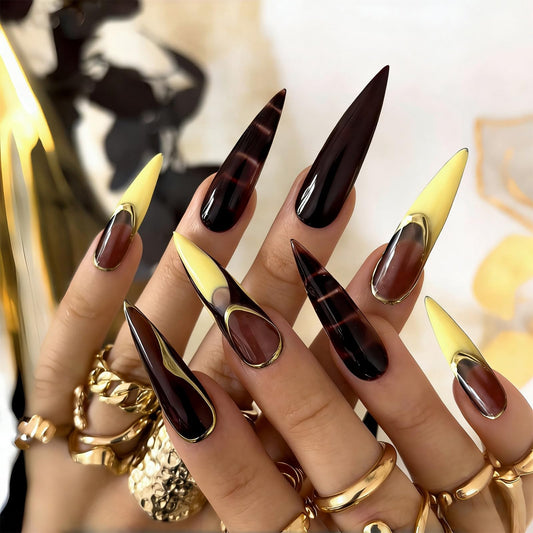 SINHOT Stiletto Press on Nails - Long Fake Nails, Glossy Finish, Brown Yellow French Tip & Gold Chrome, Reusable Artificial False Nail Art - 24 Pcs Nail Kit with Glue