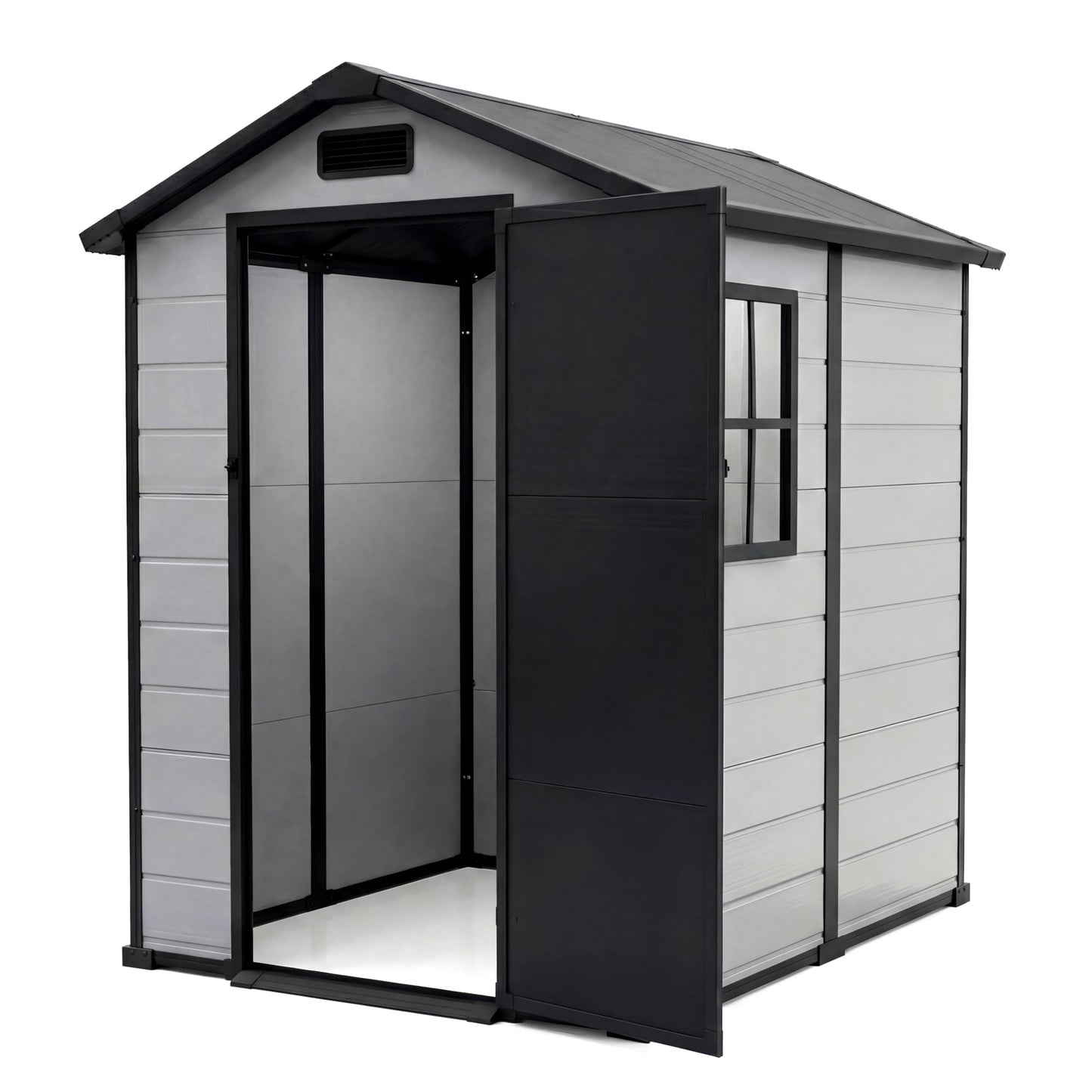 6x4 ft Outdoor Storage Shed, Plastic Resin Garden Shed with Floor, Window, 2 Vents, Lockable Door & Sloped Roof, Garden Tool Storage Shed for Patio, Backyard, Garden, Lawn Mower, Bike