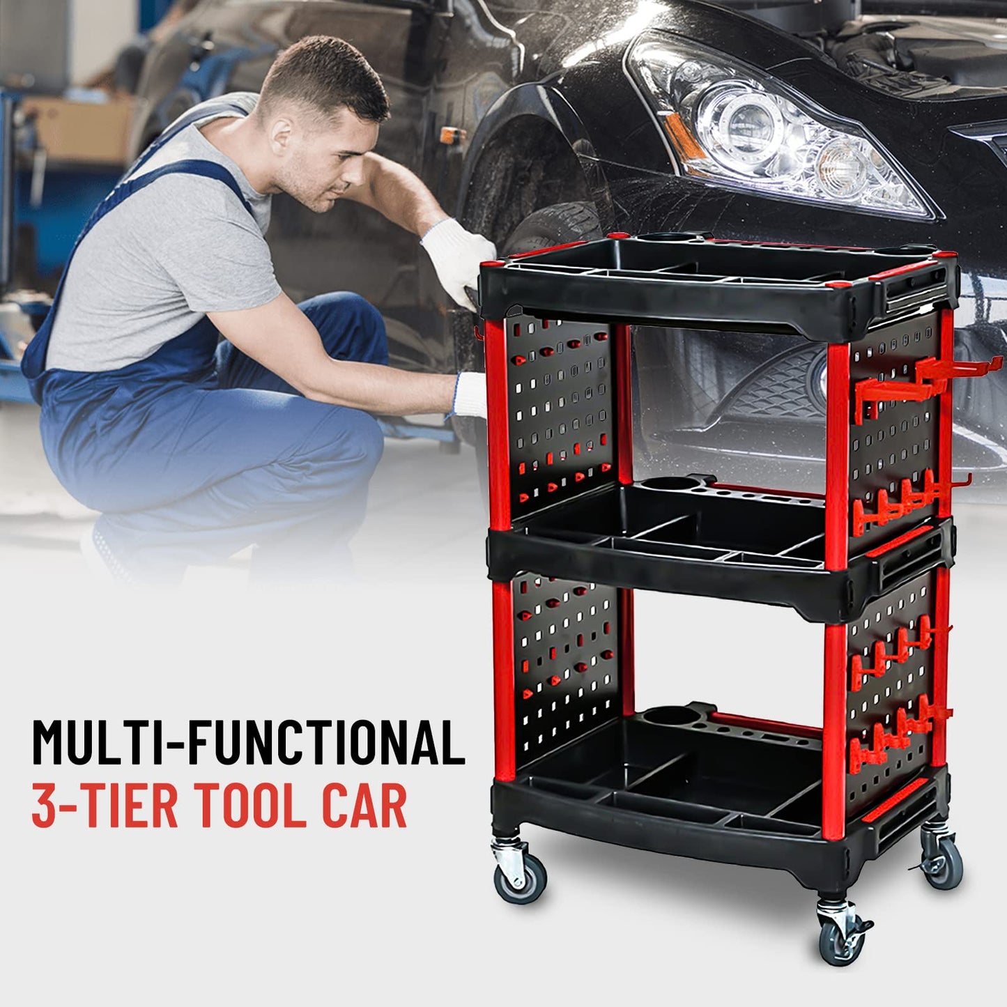 AstraLoom Heavy-Duty Car Detailing Cart for Garage & Workshop – 3-Tier Auto Tool Cart with 4 Tool Boards, 32 Hooks, Lockable Wheels & 440 lbs Capacity