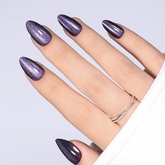 Purple Cat Eye Press On Nails Almond - Purple Short Almond Fake Nails, Short Cateye Press On Nails Reusable Stick On Nails in 16 Sizes, 32pcs False Nail Kit for Women & Girls(Violet Nocturne)