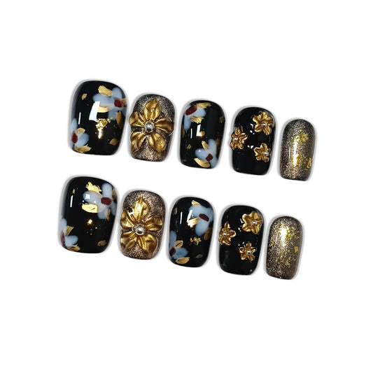 Hantyer Black Press on Nails with Handmade 3D Gold Flowers & Gold Lines - Short Square Glossy Luxury Fake Nails, Reusable Elegant Vintage False Nails for Women Fall Winter Party Evening Gala, Size M