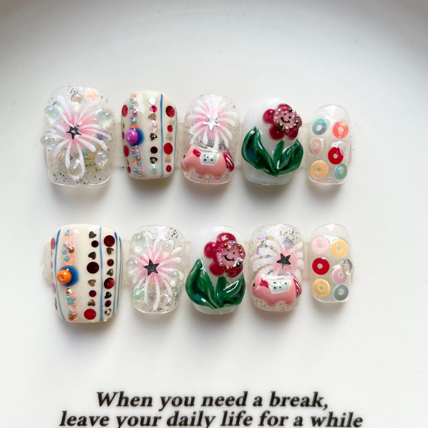 Luxury Press on Nails Short Square Handmade 3D Unique Reusable ABS Material Fake Nails White False Nails with Flower Polka Dots Glitter Designs Glossy Glue on Nail Thick Acrylic Nail(S)