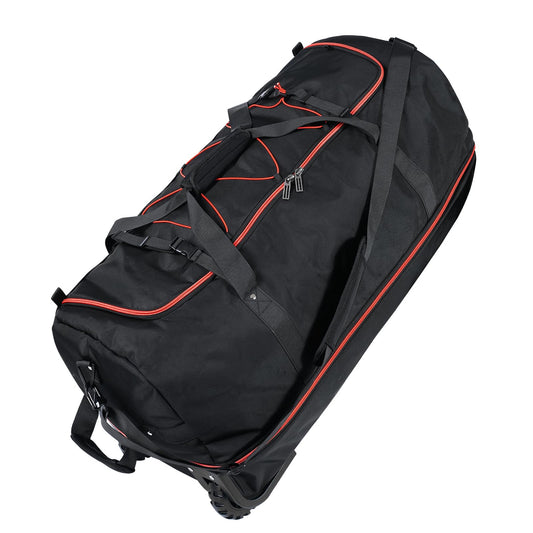 Vrtisa 110L Expandable to 140L 32” Foldable Oxford Soft-Sided Rolling Duffle Bag with 2 Heavy-Duty Wheels,2 Large Compartments,Adjustable Shoulder Strap and Attached Organizer Pouch,Black Red
