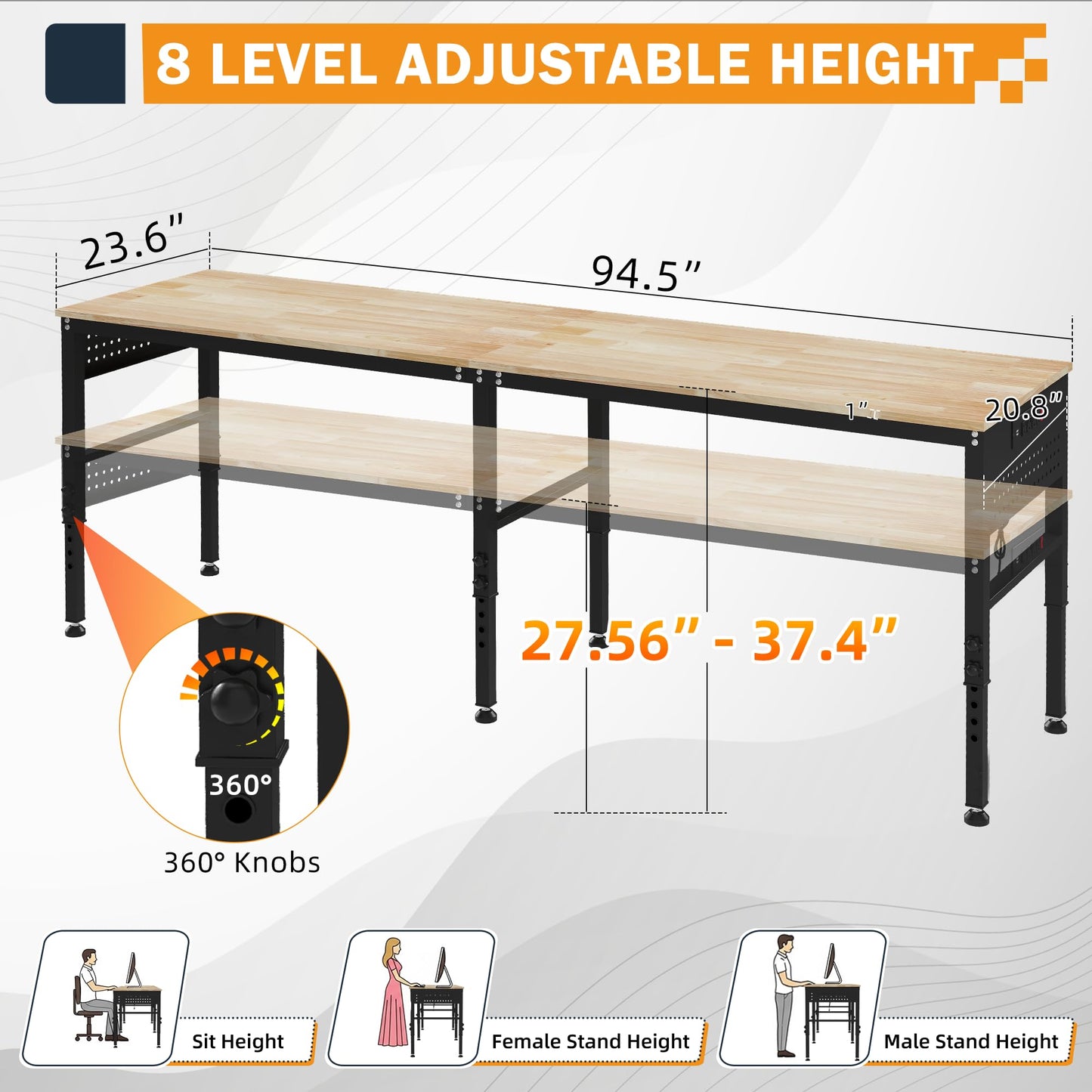 DNYKER 96" Adjustable Heavy Duty Workbench with Power Outlets & Pegboard, 2000 LBS Capacity Rubber Wood Top Work Table for Garage, Workshop, Home & Commercial