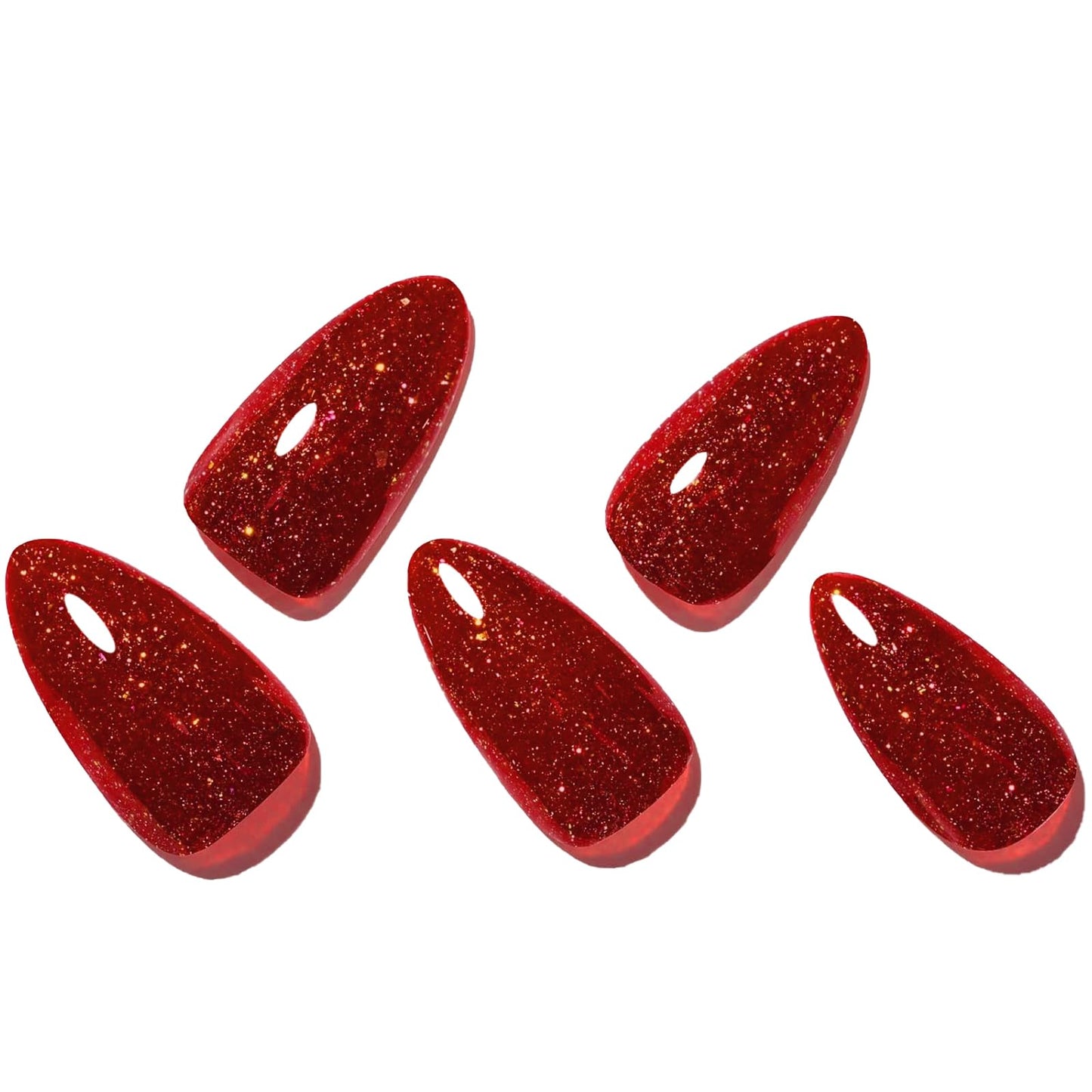 GLAMERMAID Golden Red Press on Nails Medium Almond, Handmade Glitter Glossy Jelly Soft Gel Glue on Nails Stiletto, Bright Red Fake Nails Short Oval, Reusable Acrylic Stick on False Nails Kit for Women