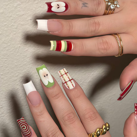 MISUD Press on Nails - Long Square Fake Nails with Red Green Apple, Acrylic Stripe French Tip Design 24 pcs