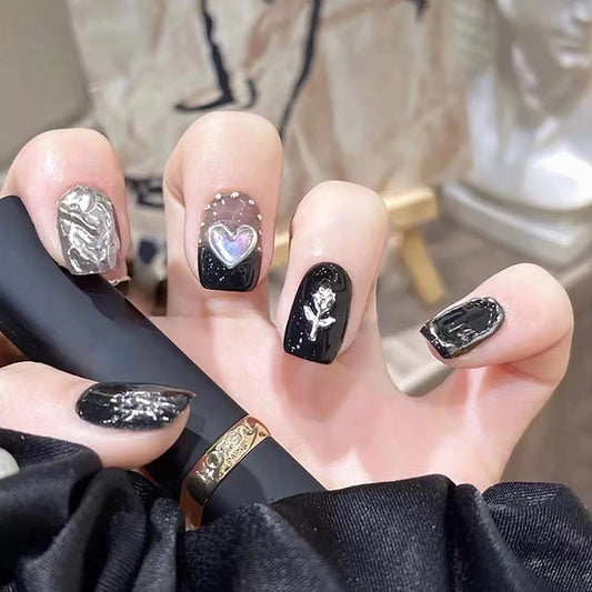 Press on Nails Short Square Length, Full Cover Reusable False Nails Kits, Glue on Nails with Rhinestone Designs Artificial Glossy Fingernails Acrylic Fake Nails for Women Stick on Nails Coffin Shape