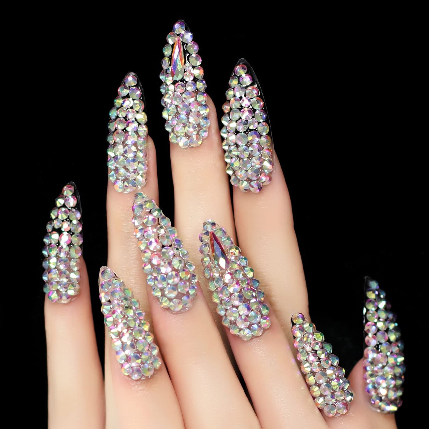 3D Rhinestone Art Deco False Nails Acrylic Shiny Diamond Long Almond Gem Gorgeous Sophisticated Party Show Gig Fake Nails 24 pcs/kit