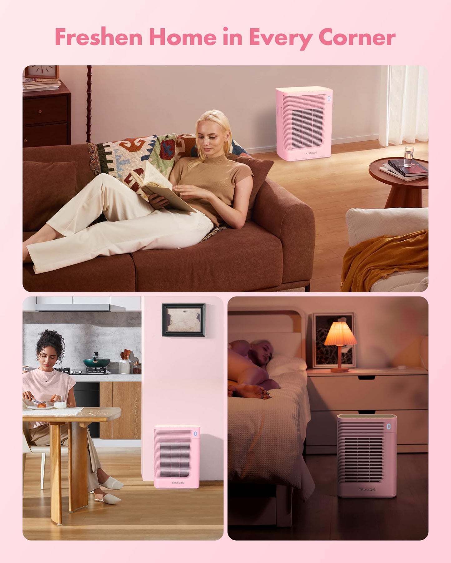 T356 New Pink Air Purifier for Home Large Room Bedroom Up to 1937 Ft² in 1 Hr With Double-sided Air Inlet, Air Quality and Light Sensors, HEPA Sleep Mode for Allergies, Dust, Smoke, Pet Hair
