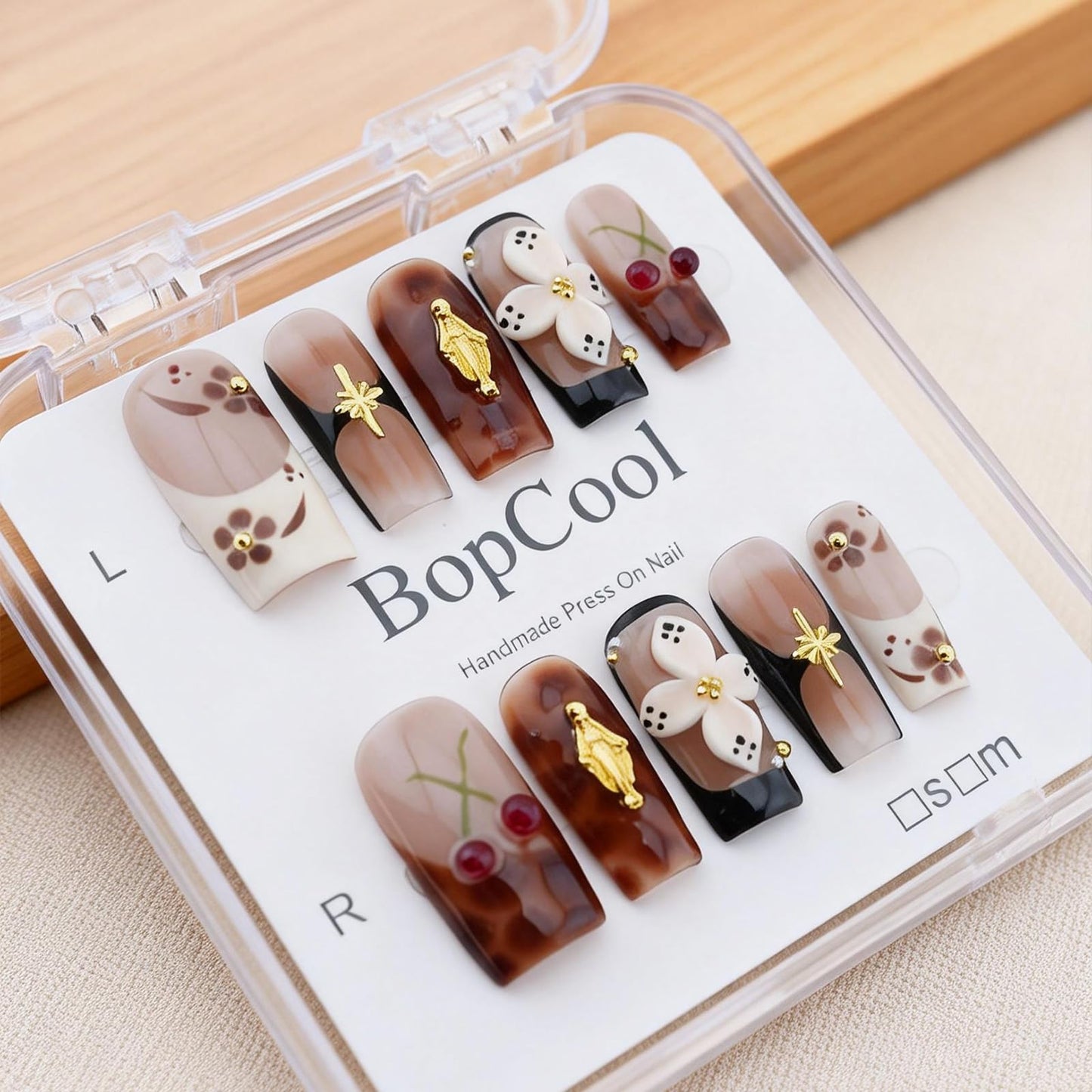 Handmade Long Square Press On Nails - 3D Flower & Cherry French Design, Reusable Acrylic Full Cover Nails (S-10PCS)
