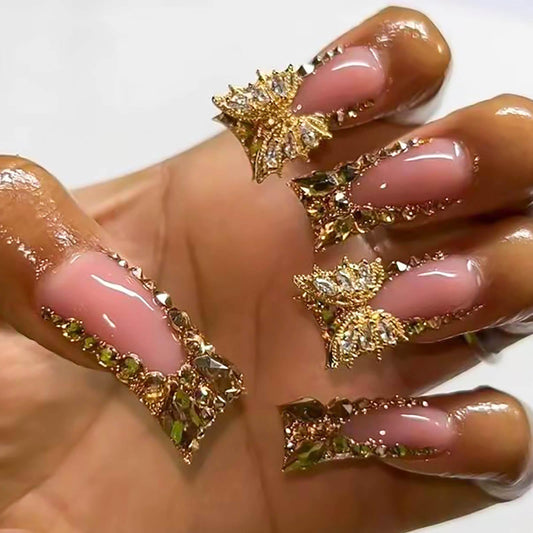 RUOKEXIN Long Press Duck False Nails Gold Glitter French Tip with Gold 3D Butterfly Designs - Glossy Artificial Nails, Cute Stick Ons for Women - 24Pcs