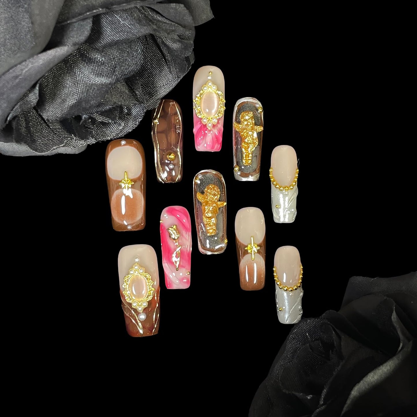 Handmade Press On Nails Vintage Style Gold Angel & Flower Design with Amber Print, Medium/Long Square Shape Acrylic False Nails, Reusable Luxury Retro Nail Art (Cherub, L)