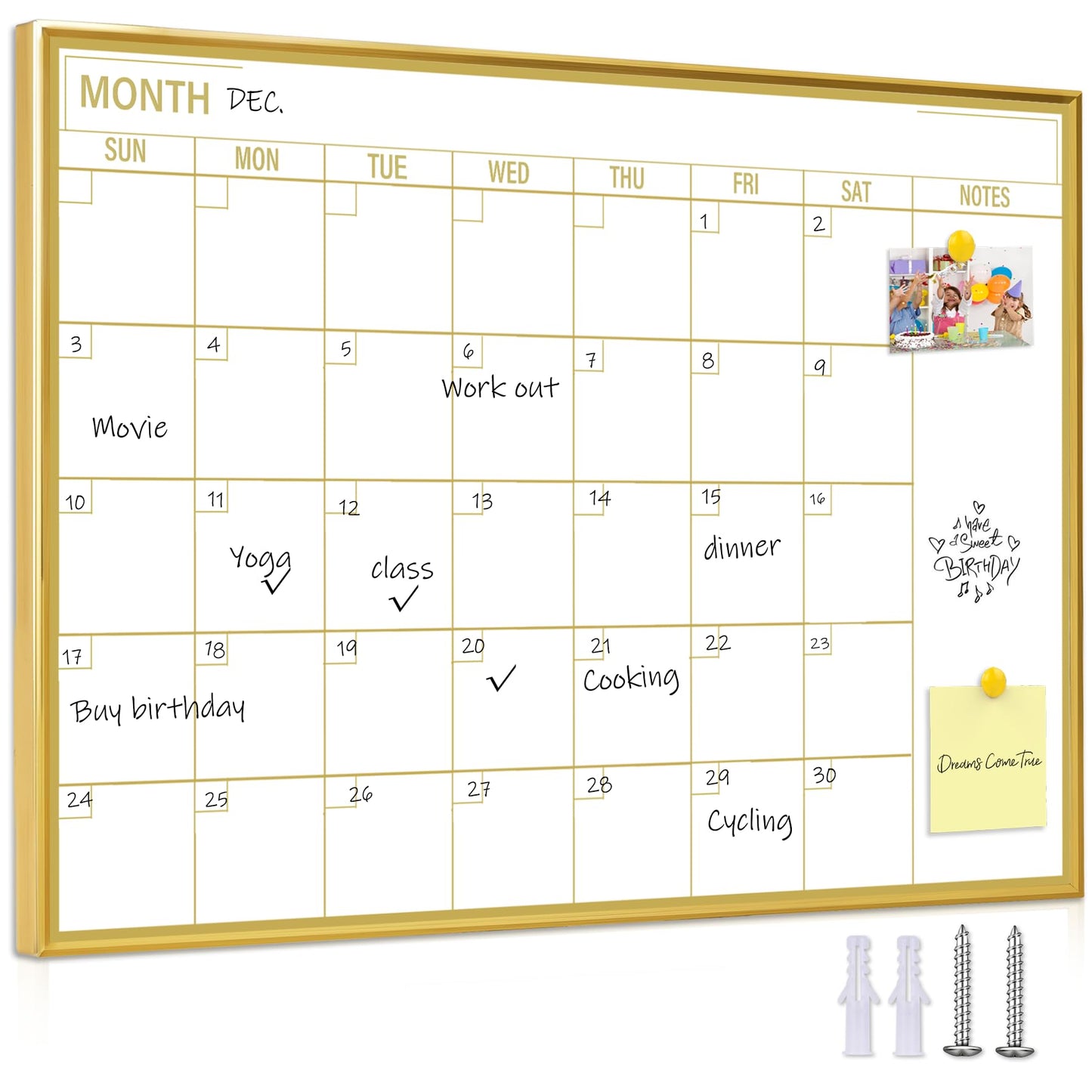 Marribol Golden Monthly Dry Erase Calendar Whiteboard for wall-16"X12" Portable Aluminum Frame,Magnetic Calendar White Board,Wall Planner Dry Erase Board for Office, Kitchen, School, Home-GG