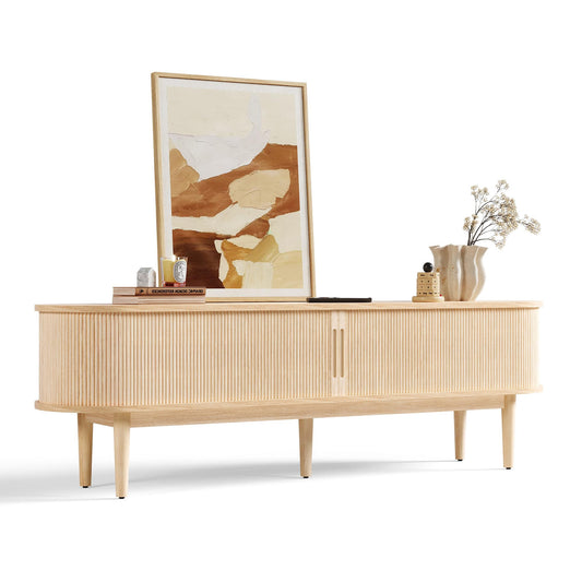 LINSY HOME Fluted TV Stand for 75" TV, Mid-Century Modern 70" Entertainment Center with Sliding Tambour Door and Storage Cabinet, Cruved TV Media Console Table for Living Room, Bedroom, Oak