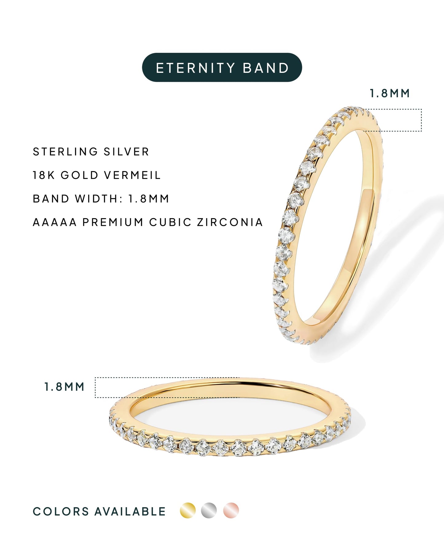 PAVOI 18K White Gold Vermeil 925 Sterling Silver Stackable CZ Ring for Women | Thin Band for Stacking | Simulated Diamond Eternity Wedding Band | Size 7