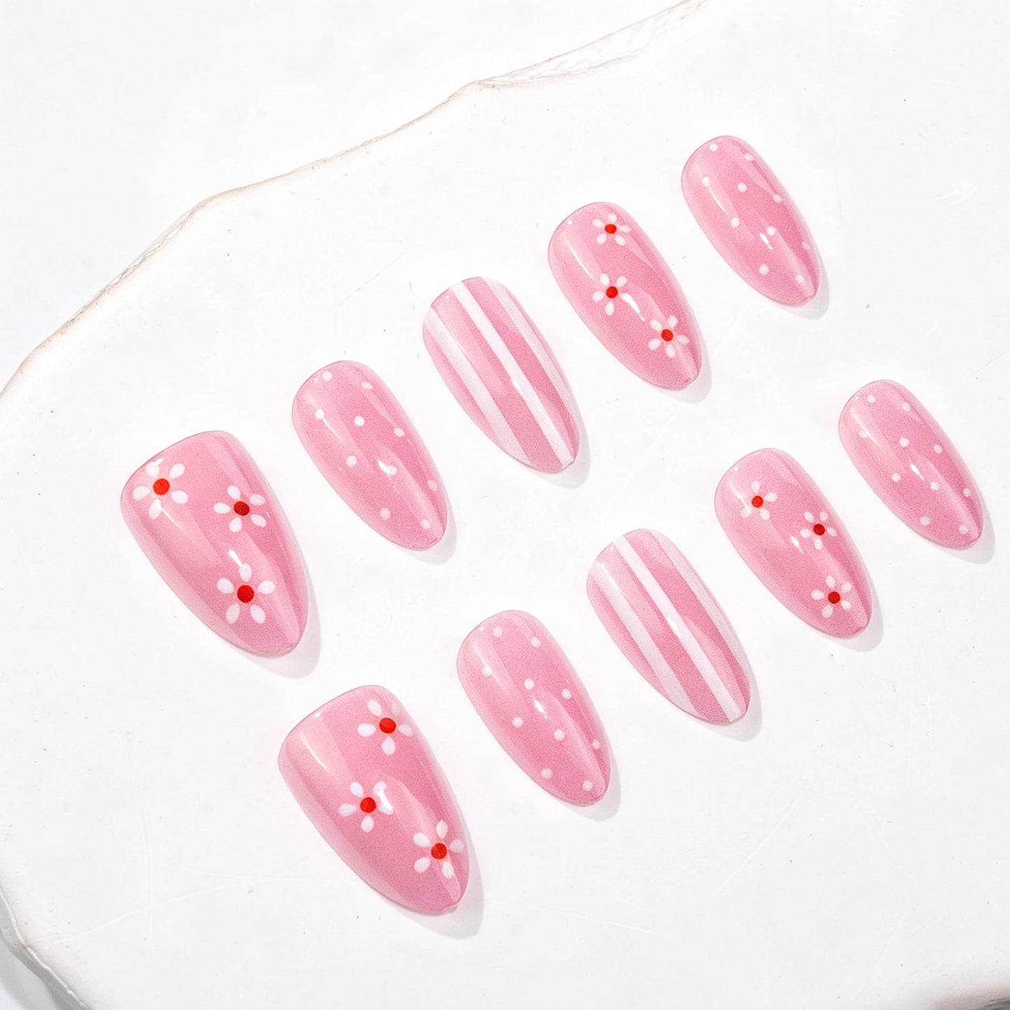 30Pcs Light Pink Press on Nails Short Almond Fake Nails with White Daisy Flowers & Polka Dots,Vertical Stripes Design, Glossy Cute False Nails Full Cover Stick on Nails for Women Manicure Decor