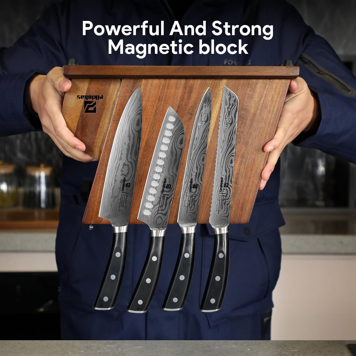 Piklohas Knife Sets for Kitchen with Block, 17 Pieces with Magnetic Knife Holder, German High Carbon Stainless Steel Damascus Pattern Chef Knife Set