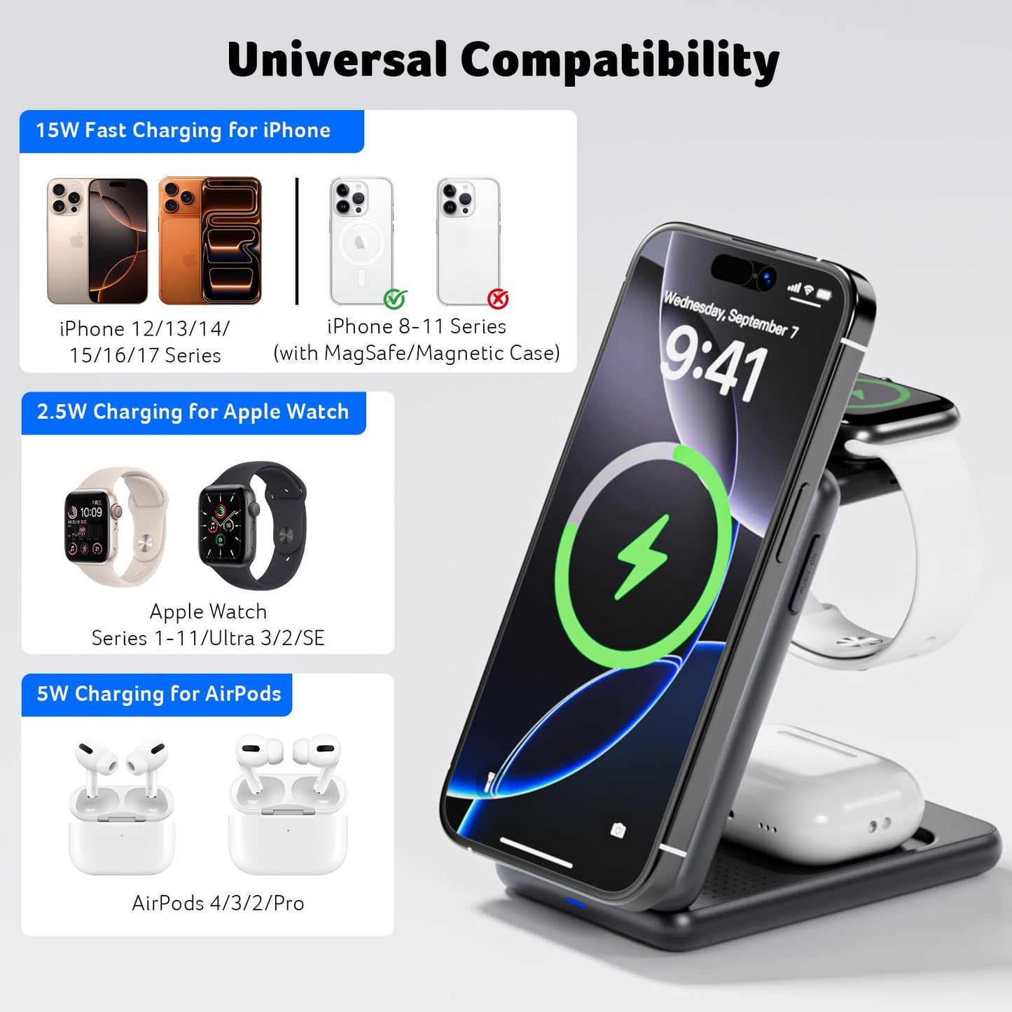 Acer 3 in 1 Charging Station for Apple Device, Magnetic Wireless Foldable Fast Charger Stand Compatible with MagSafe for iPhone, Apple Watch & AirPods, Foldable Charging Dock for Desk S3