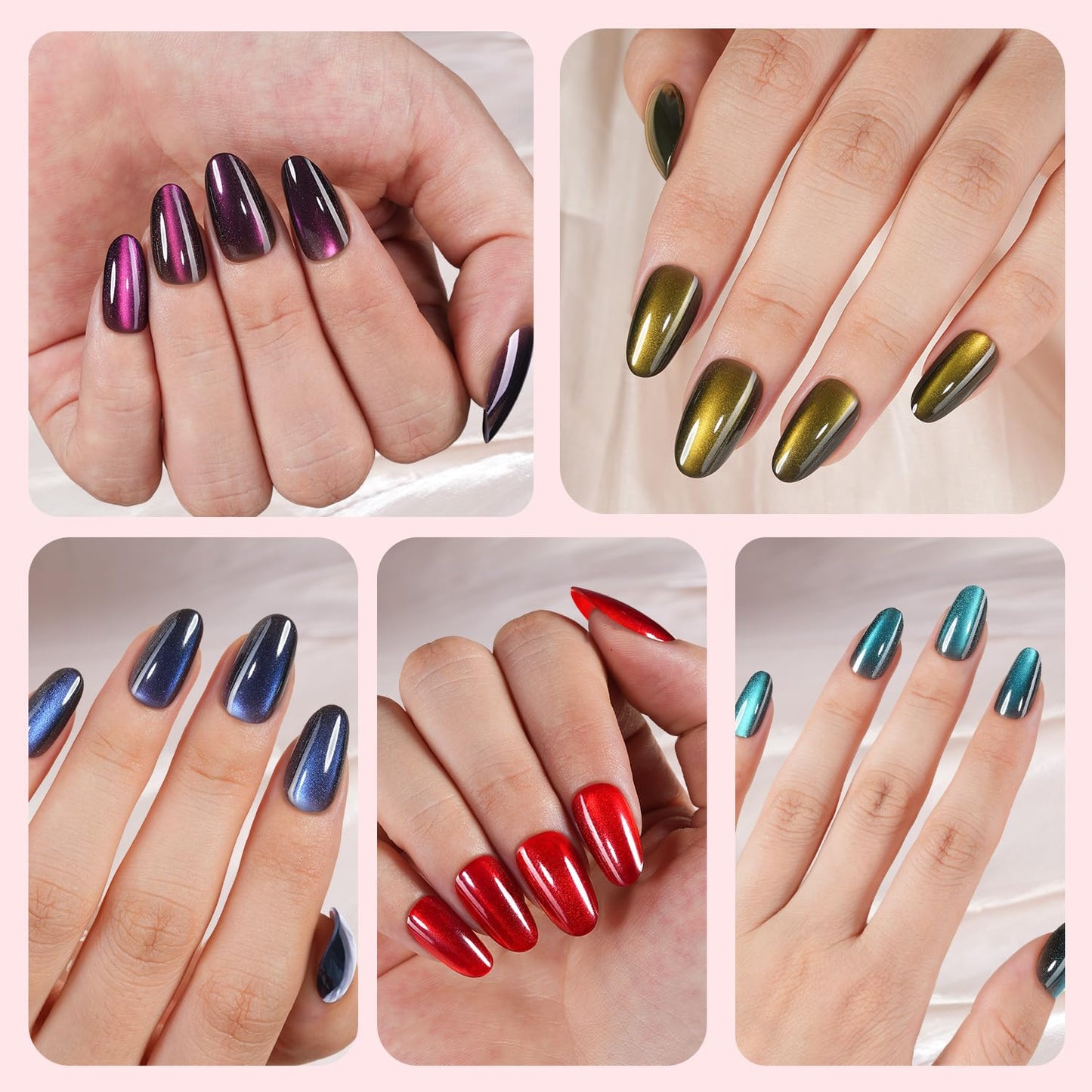 Plauva Cat Eye Press on Nails, 300Pcs Short Oval Cat Eye Nail Tips, Glossy Glitter Soft Gel Fake Nails for Women and Girls Stick On Nails in 15 Sizes