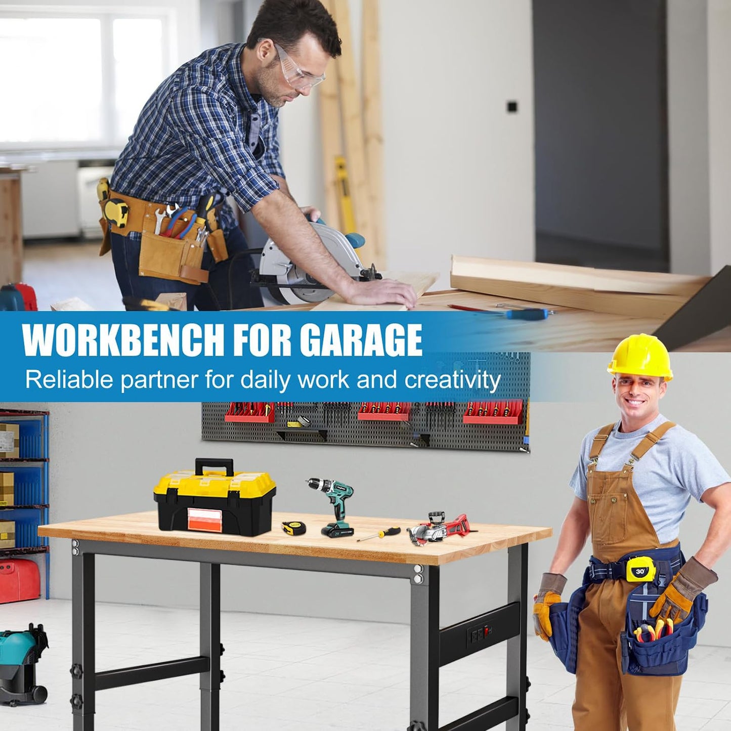 48" Workbench Desk with Power Outlets, Adjustable Height Rubber Wood Top Heavy-Duty Work Table, 2000 LBS Load Capacity Work Station for Garage, Workshop, Office, Home