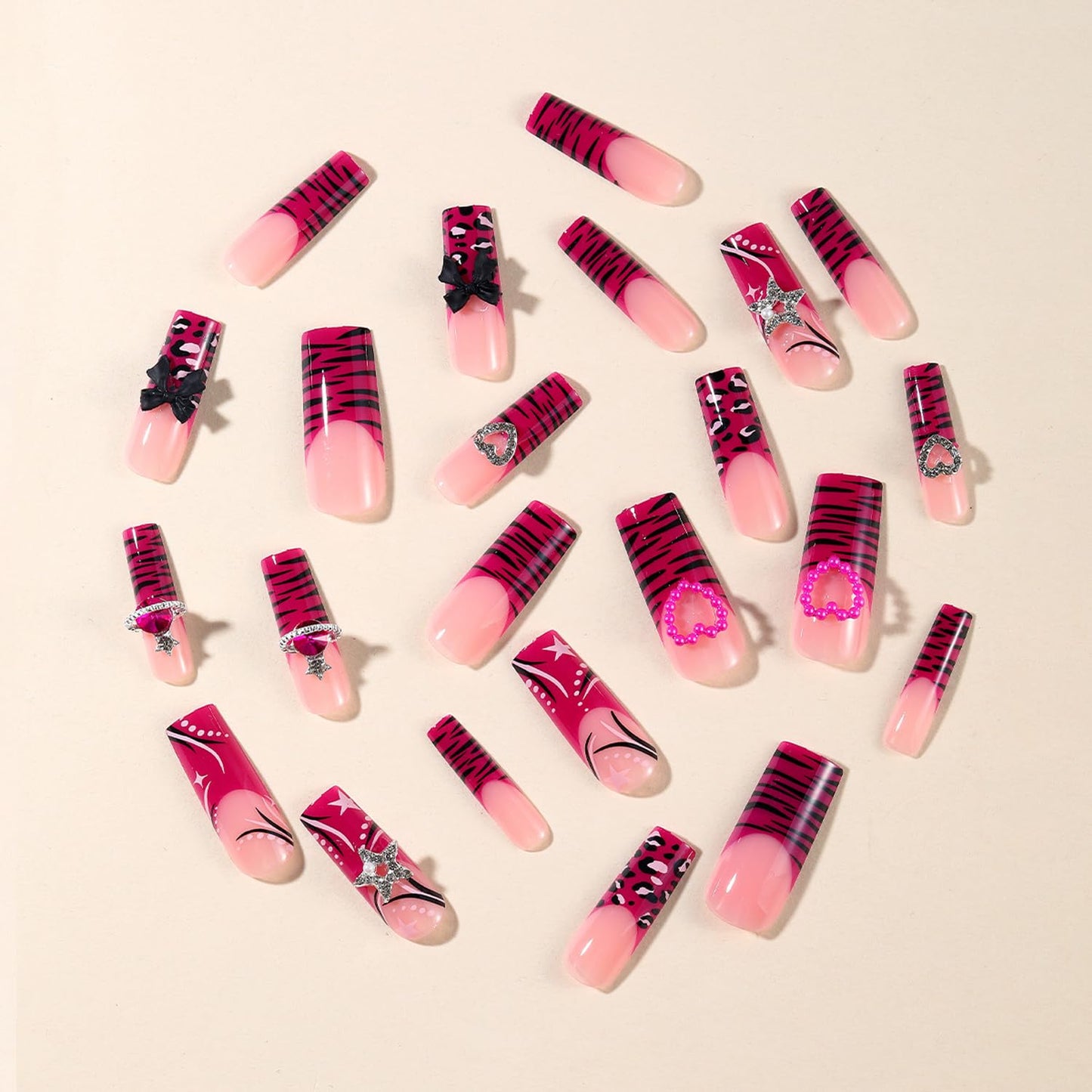 24Pcs Long Press on Nails Sweet Cool Fake Nails with Leopard Pearl Star Heart Planet Bow Charms Acrylic Nails Press ons Cute Design False Nail Art Full Cover Long Coffin Nail Tips Manicure for Women