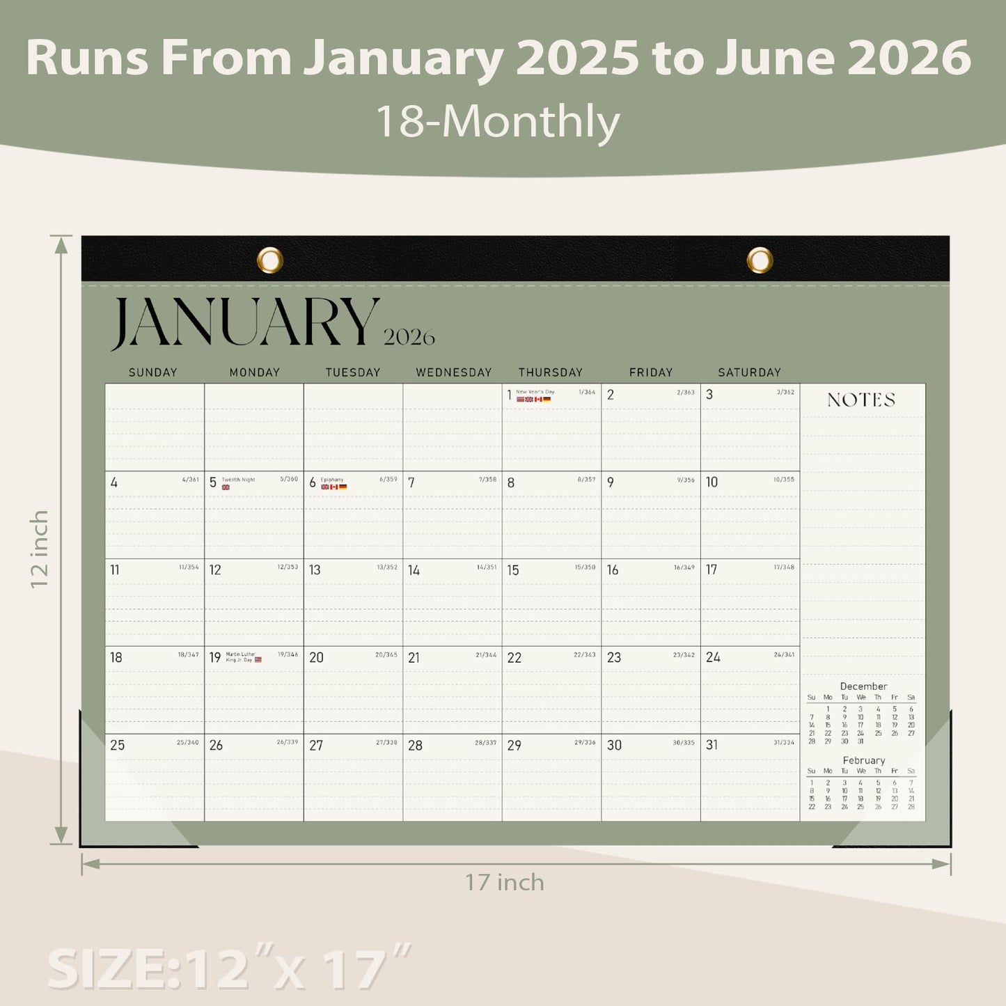 2026 Desk Calendar, Large Desktop/Wall Monthly Calendar (Jan. 2026 - Jun. 2027) 17'' x 12'' School Year Desk Planner for Teacher Family School Office Supplies
