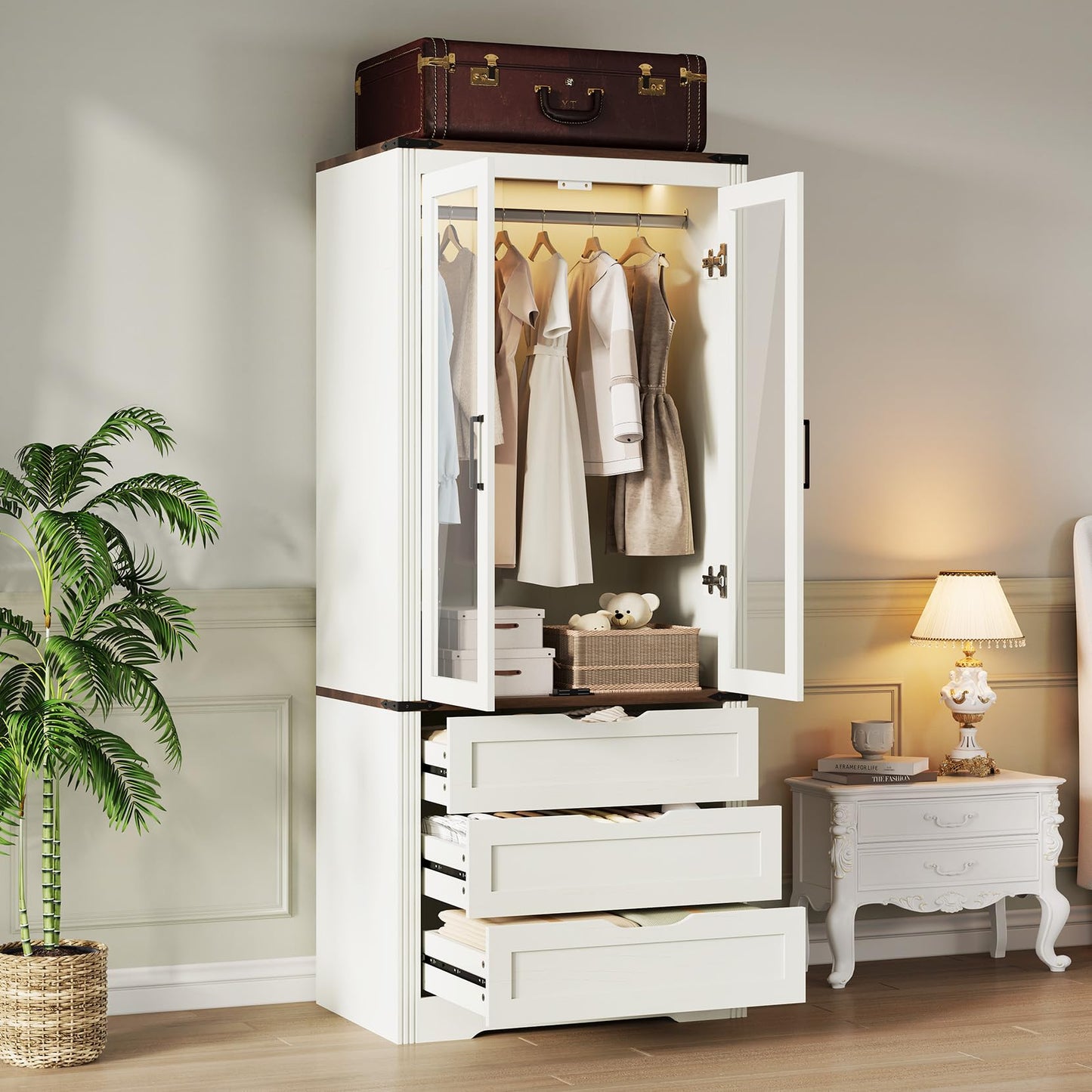 Concho 73'' Tall Farmhouse Armoire Wardrobe Closet with LED Light, Wood Wardrobe Closet with 2 Doors 3 Drawers, Freestanding Bedroom Armoire Clothing Storage Cabinet, White