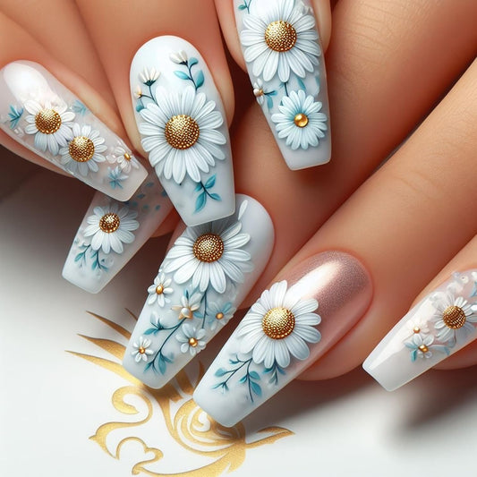CJDLTS White Daisy False Nails Flower Press on Nails Long Ballet Shaped Nails Artificial Nails Floral Daisy Pattern Design Stick on Nails Full Cover Coffin Nails Acrylic Glue on Nails for Women