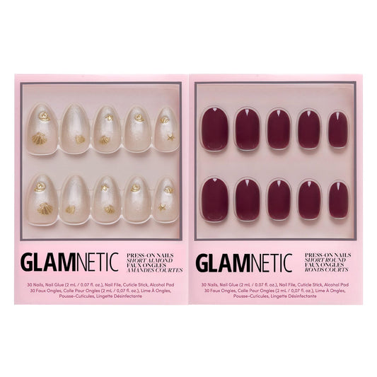 Glamnetic Press-On Nails Bundle - Sanded & Berry Maroon | Short Almond Nude Fake Nails with Raised Gold Shell Accents | Dark Red Short Round Fake Nails | Reusable, Salon-Quality Nail Kits