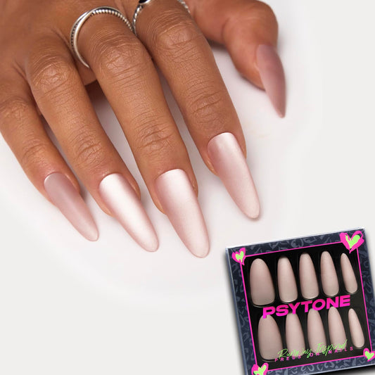 PSYTONE Matte Cat Eye Long Stiletto Press On Nails|15 Sizes - 30 Nail, Frosted Nude Pink Reusable Fake Nails Kit with Glue & Tools, Velvet Matt Finish for Women, Wedding, Daily Wear