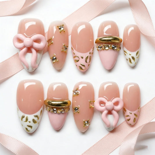 Handmade Press on Nails Almond Shape 3D Cute Glue on Nails for Women, Luxury Homemade Press on Nail Art Design, Fake Nails with 3D Nail Charms Size M 12