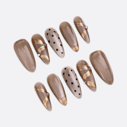 SIYOU Beauty | Elegant Polka Dot | Polka Dot Long Almond Press On Nails for Women (Large) - Reusable, Salon-Quality Fake Nails (10pc)