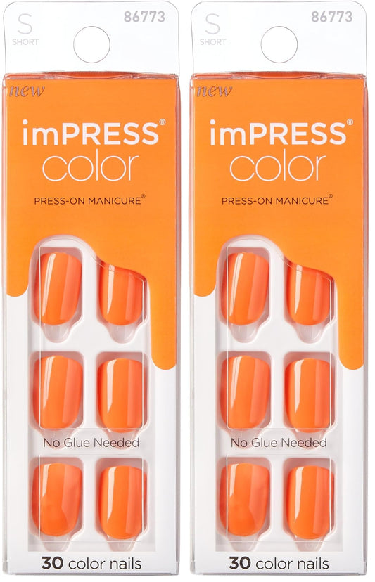 KISS imPRESS Color Press-On Nails Polish-Free Manicure Set, ‘Sweet Mango’, 30 Chip-Proof, Smudge-Proof Fake Nails (Pack of 2)