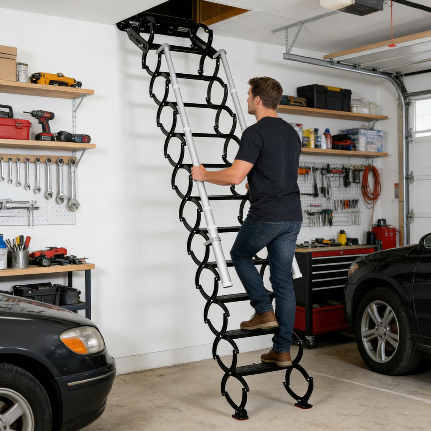 Wall Mounted Folding Ladder with Handrails, Pull Down System Attic Stairs, Telescopic Attic Ladder, Applicable Height 9.6-10ft, Attic, Basement, Warehouse, Passage Folding Stair (Black, 12 Steps)