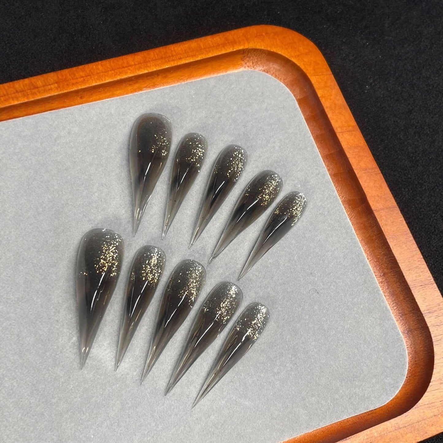 10 Pcs Glitter Handmade Press on Nails Transparent Black Long Dragon Claw Handmade Fake Nails Muti-Layer Gel Luxury False Nails Reusable Acrylic Nail for Women Girs (Size S)