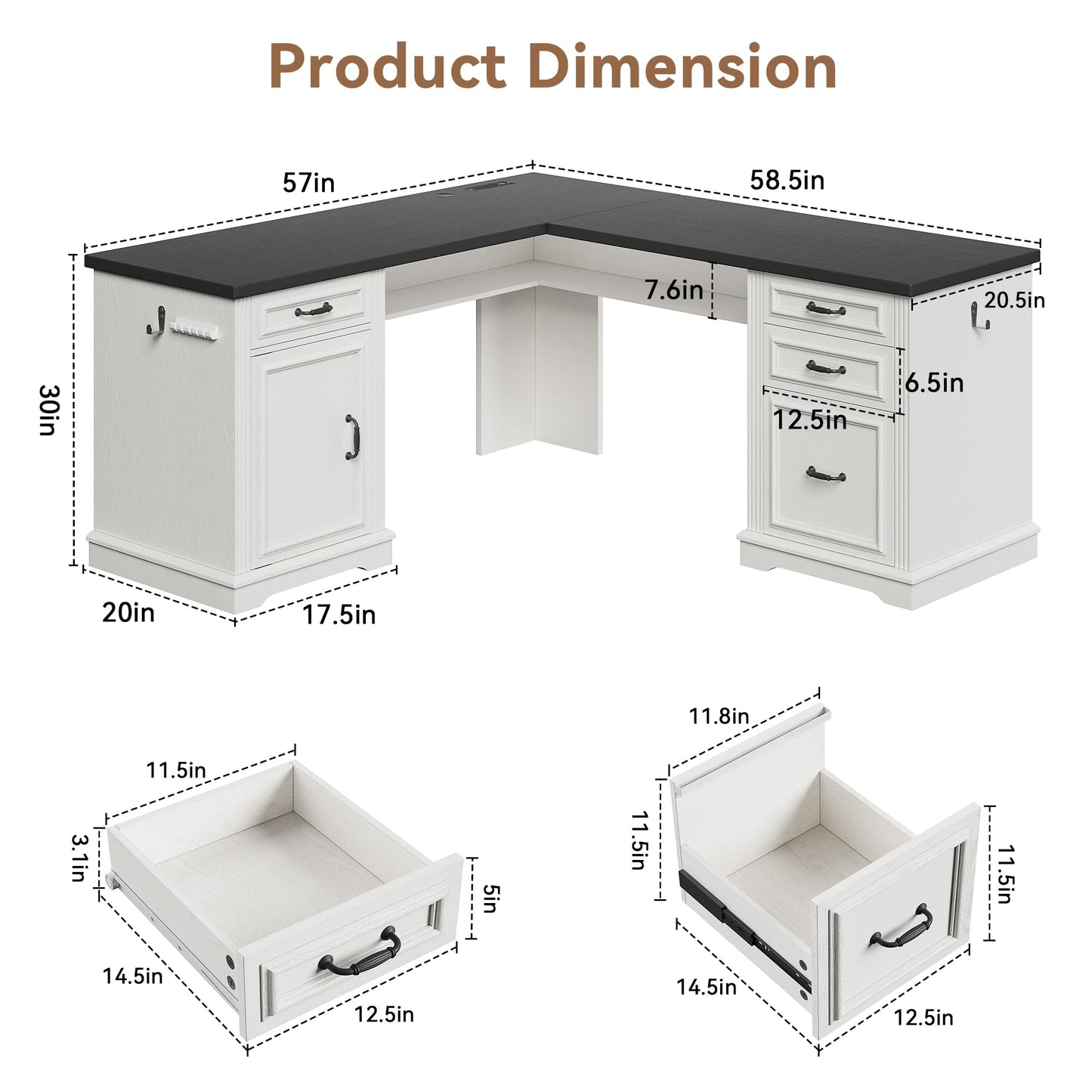 Jocoevol L-Shaped Executive Desk with Drawers, 59" Farmhouse Home Office Desk with File Cabinet, Computer Desk with Charging Station & Headphone Hook for Work/Study/Writing (White & Black, L-Shaped)
