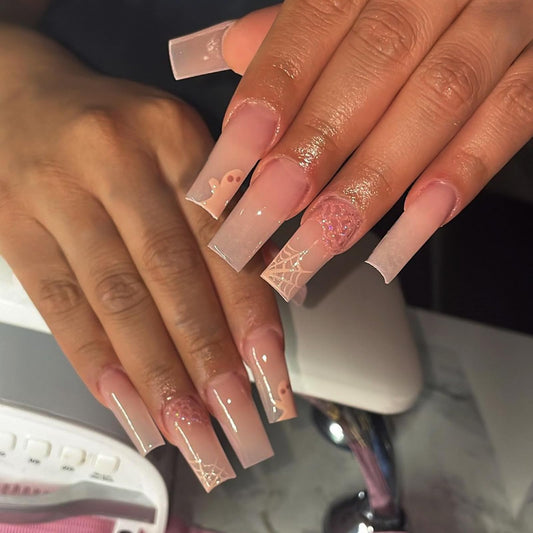 IMRAIN Halloween Press on Nails Long Square Fake Nails Nude Glossy Acrylic False Nails with Glitter Ghost Designs Full Cover Cute Glue on Nails for Women