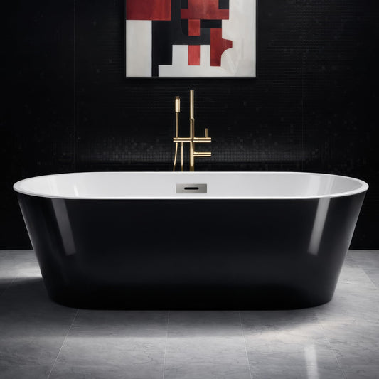 59" Free Standing Tub, Acrylic Soaking Bathtub, Stand Alone Freestanding Tub with Matte Sliver Drain and Overflow, Contemporary Bathtub for Bathroom, Black