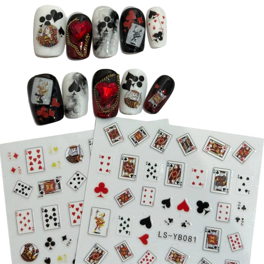 SIMAYKUWA 3D Self-Adhesive Nail Stickers - Poker Theme with Hearts & Diamonds, Trendy Fashion Nail Art Designs for Women A Set of 2 Sheets