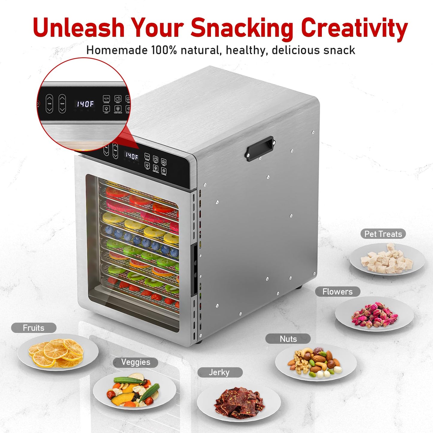 Food Dehydrator with 10 Stainless Steel Trays, 800W Dehydrator with 194℉ Temperature Control & 24H Digital Timer, Low Noise, 4 Presets, for Jerky, Herbs, Yogurt, Dog Treats