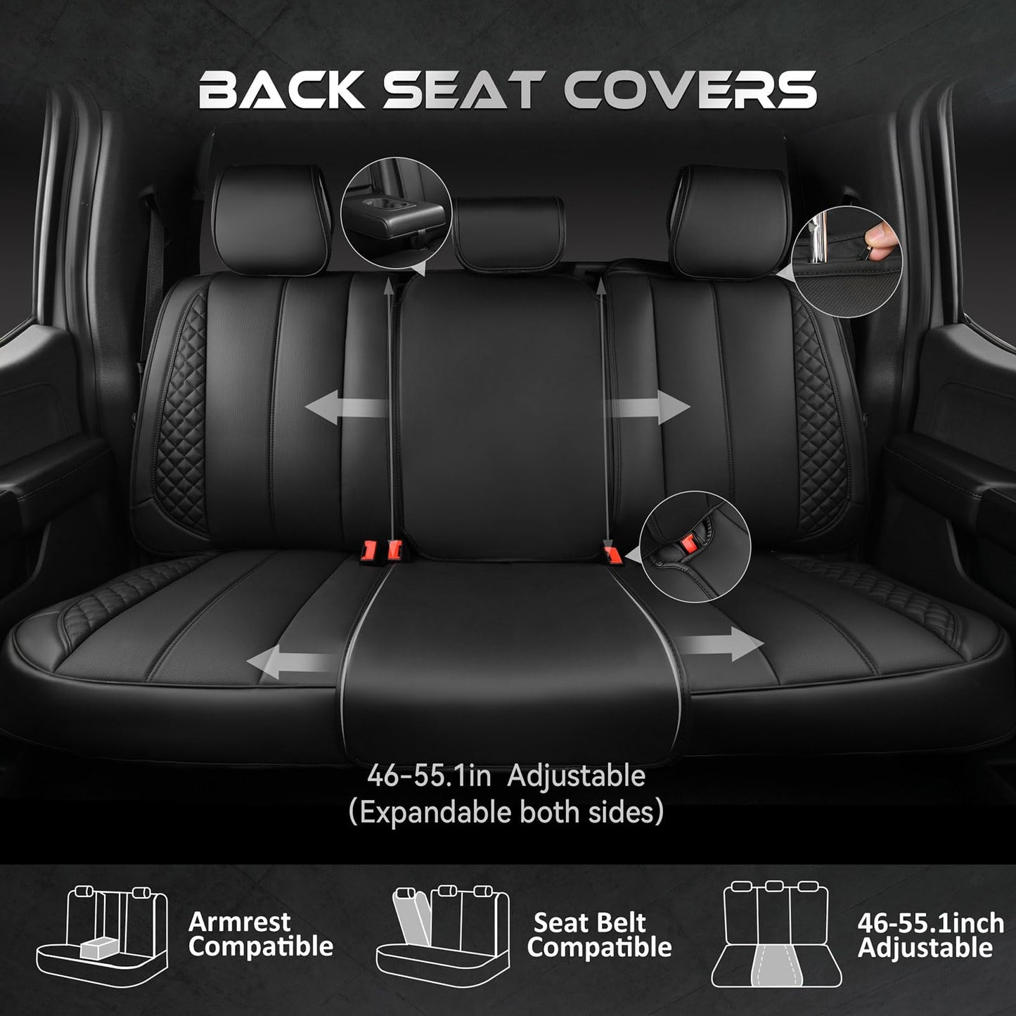 CAR PASS Nappa PU Leather Car Seat Covers Full Set Waterproof Protector Durable Cushioned,Universal Fit for Sedan SUV Pick-up Truck,Automotive, Anti-Slip and Backseat Luxury Premium Deluxe(Black)