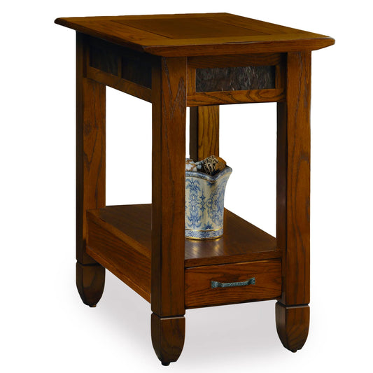 Leick Home Sibley End Table, Solid Wood, 1 Storage Drawer, Slate Tile Details, Bottom Display Shelf, Easy-Assembly, For Living Room/Bedroom, Rustic Oak, 24.5 in. L x 15.25 in. W x 24.0 in. H , 10906