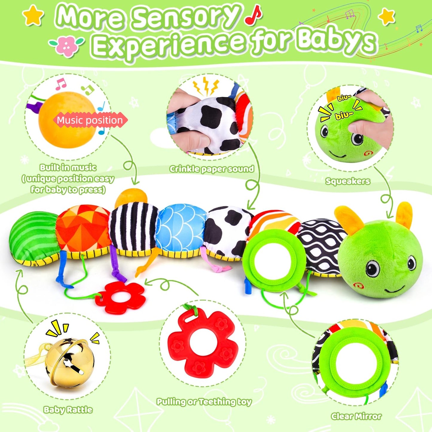 Vpkefla Baby Toys 0 to 12 Months, Stuffed Animal Infant Tummy Time Toys Sensory Toys with Crinkle, Rattles, Textures and Mirror Gifts for Newborn Boy Girls Toddlers, Caterpillar Musical Toy (Green)