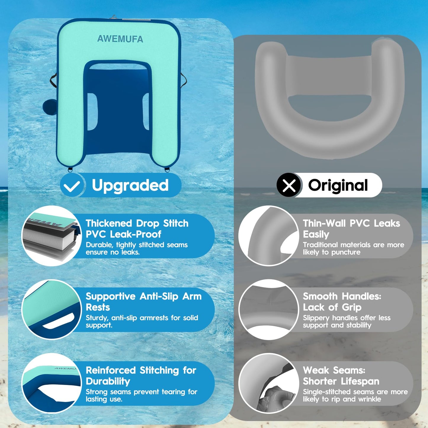 AWEMUFA 3.3x4ft Inflatable Chair for Adults, Inflatable Floating Chair Pool Floats Pool Lounger Chairs Water Floats Pool Chair Floats River Lake Floats Outside Tanning Arm Floaties