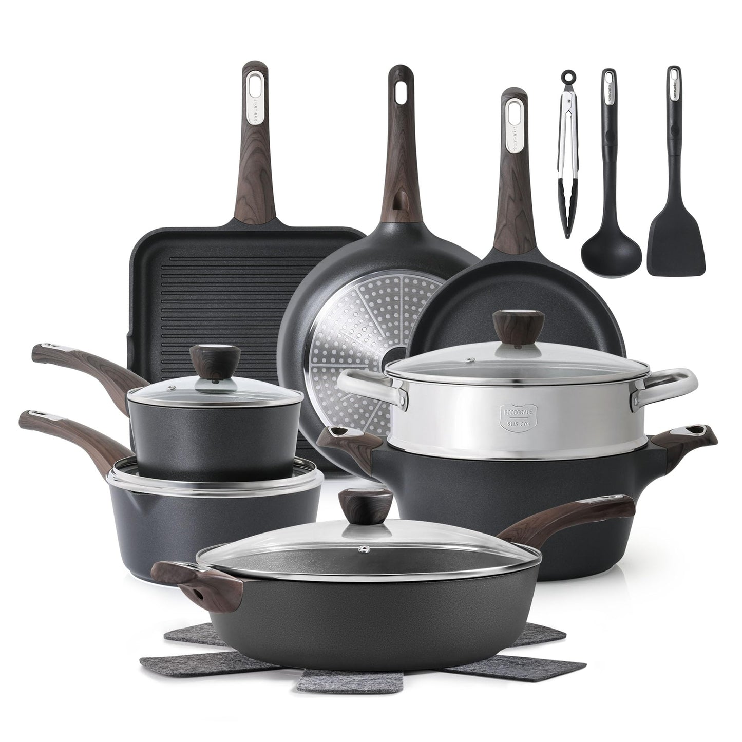 SENSARTE Pots and Pans Set Nonstick, 20 Pcs Induction Cookware Sets, Non-toxic Healthy Non Stick Kitchen Cooking Set with Stay-Cool Handles, PFOA PFOS Free, Black