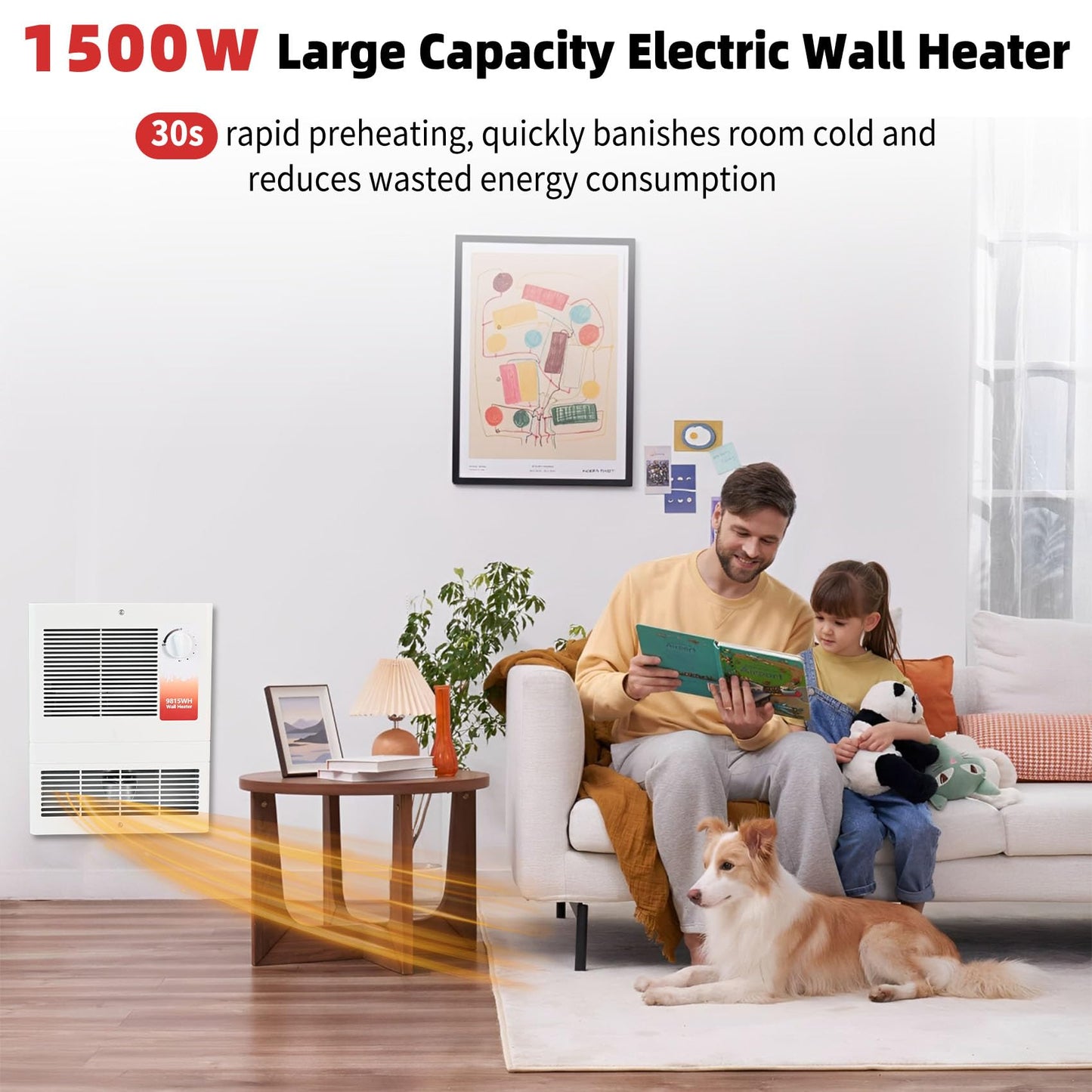 9815WH Large Capacity Electric Wall Heater, High Capacity Wall Heater with Built-In Adjustable Thermostat and Silent Motor, 1500 W, 120/240 V, Overheat Protection